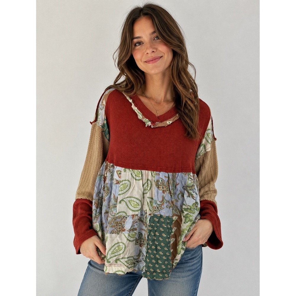 POL Patchwork Paisley Thermal Top Sweater Small‎ Red V-Neck Waffle Knit Top Boho